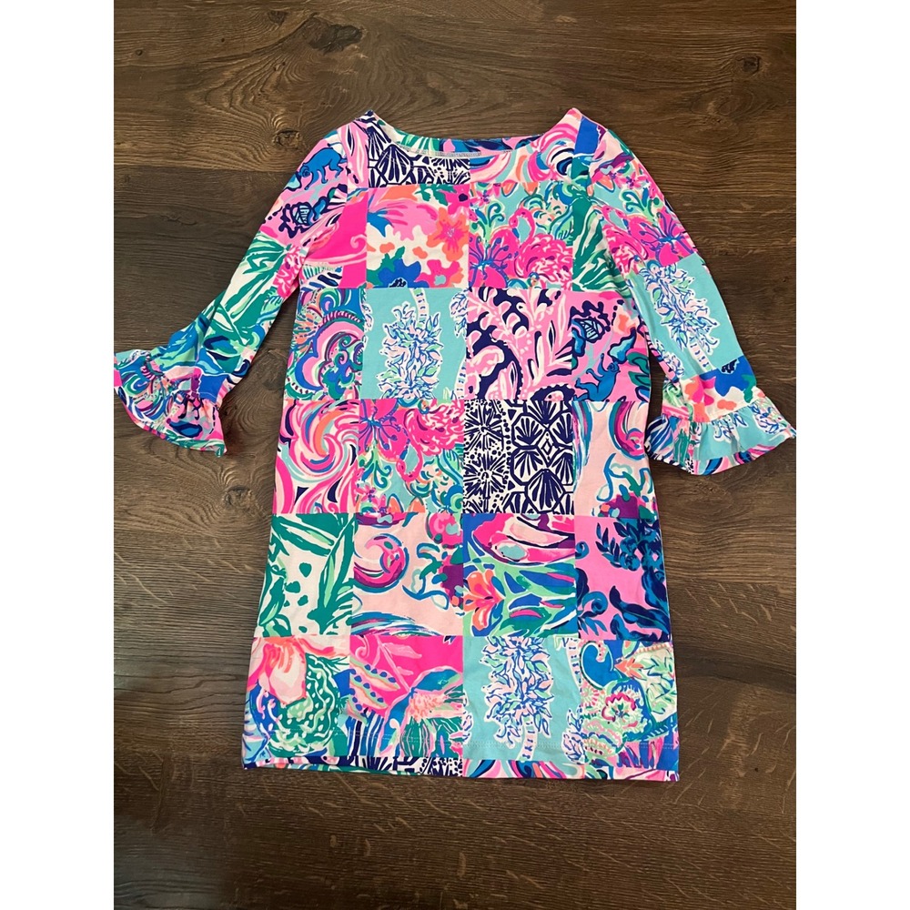 Lilly Pulitzer Girls Patchwork Print Ruffle Sleeve  Dress Multicolor‎ Size 6-7